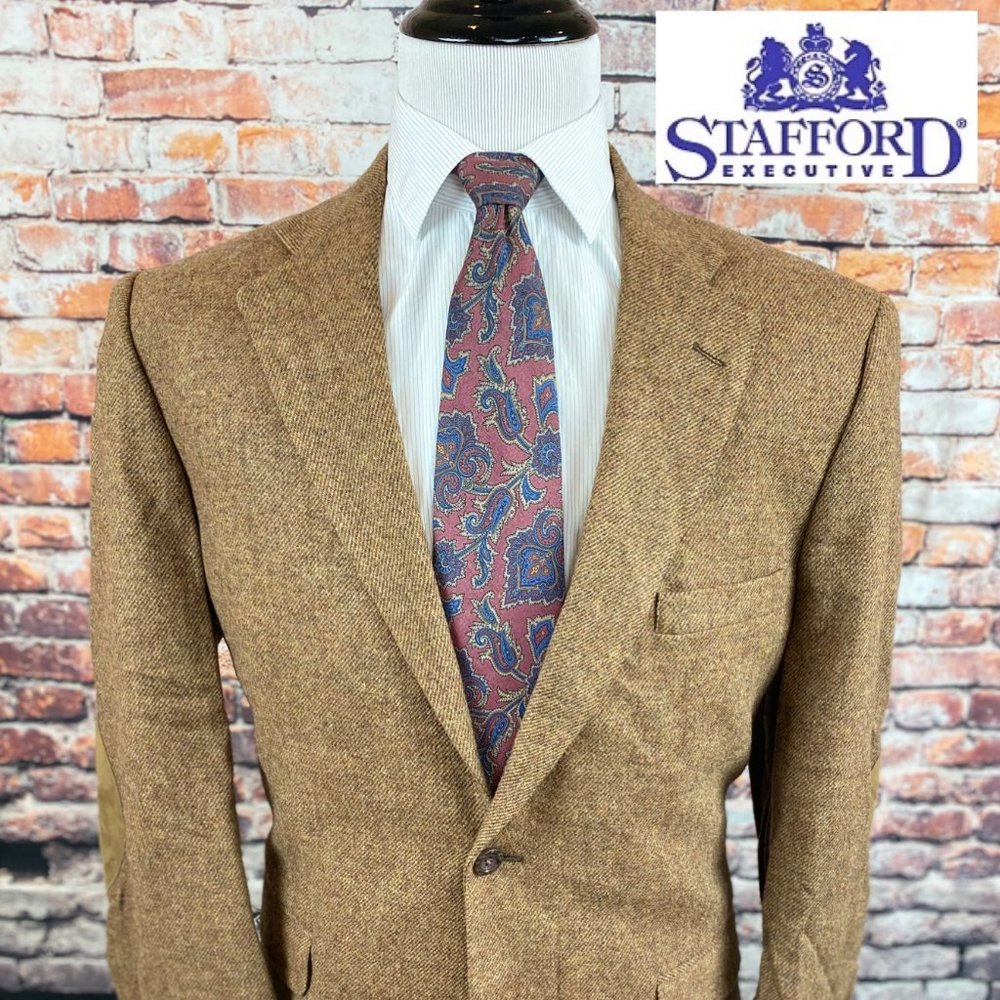Stafford Brown Tweed Suede Elbow Patches Blazer 44
